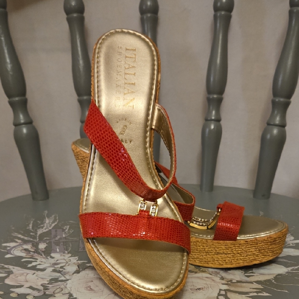 Italian Shoemakers Red and Gold Wedge Sandals with Strappy Design